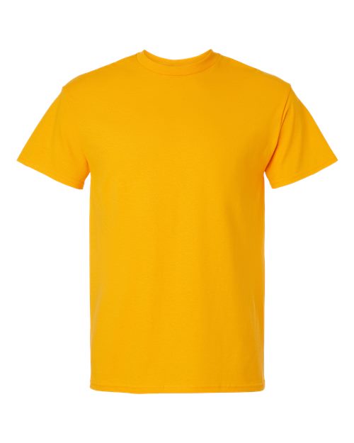 Gold t-shirt flat lay