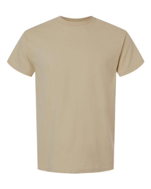 Tan t-shirt flat lay